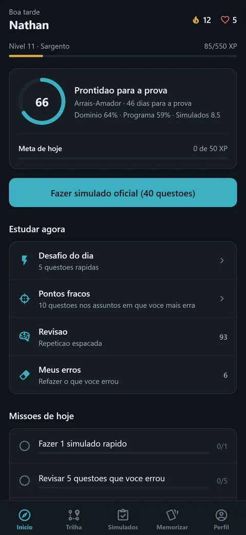 Tela inicial do Singra mostrando a prontidão para a prova em 66% e a meta diária